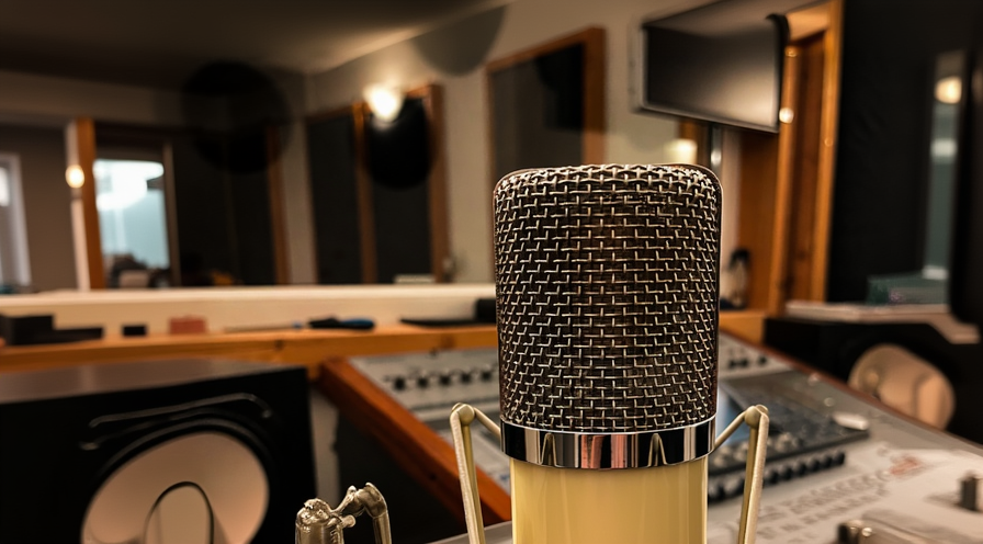 Condenser microphone in a recording studio setting with audio equipment in the background.